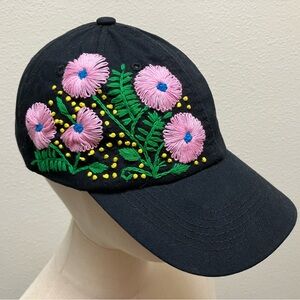 Floral Embroidered Cap - Black and Pink Boho Handmade Adjustable